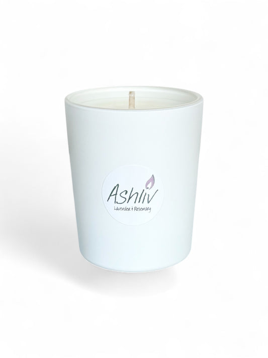 White matt 9cl votive candle with Ashliv lavender and rosemary label showing purple and green flame